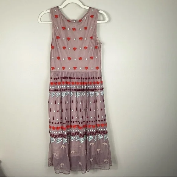 Sundance Dress Womens 2 Embroidered Floral Sheer V-Neck Sleeveless Pink Boho - Picture 3 of 8